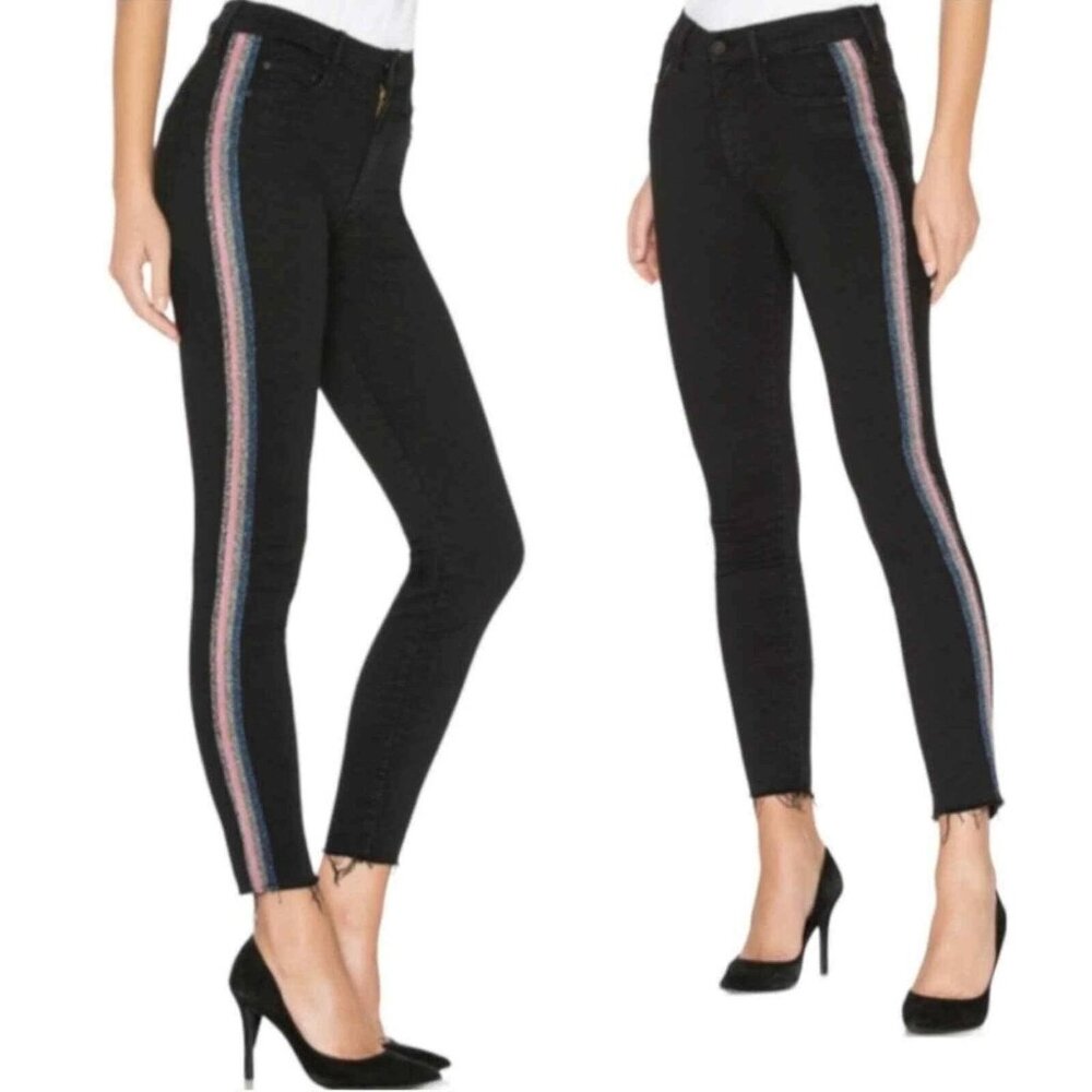 MOTHER Size 28 High Waisted Looker Ankle Fray Quilty Glitter Racer Jeans Black - Picture 2 of 13